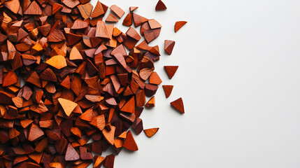 A pile of whole sandalwood chips in warm orange-brown hues scattered on a plain white background, highlighting their rustic charm and organic texture.