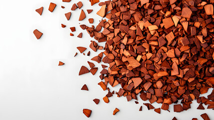 A pile of whole sandalwood chips in warm orange-brown hues scattered on a plain white background, highlighting their rustic charm and organic texture.