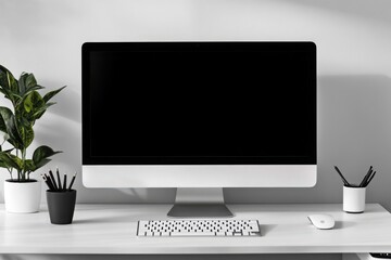 Workspace with computer setup on white background