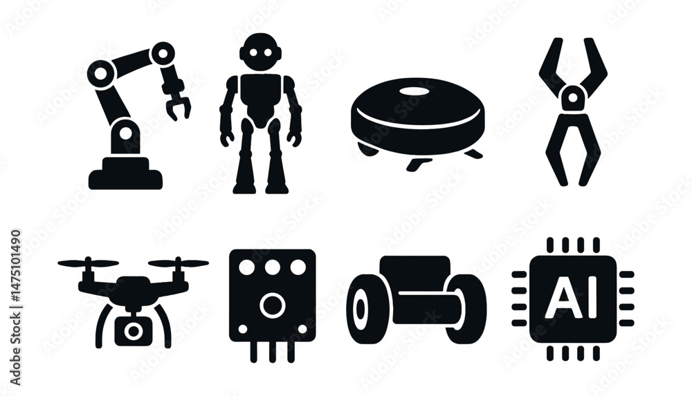 Poster robotics and ai silhouette icons set – technology, automation symbols