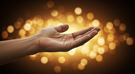 Open hand reaching out with golden bokeh background suitable for concepts of hope, receiving, and giving
