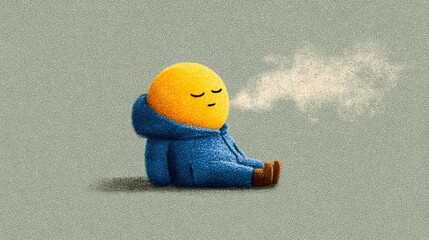 Naklejka premium A yellow, round creature in a blue jacket sits, exhaling gentle white puffs