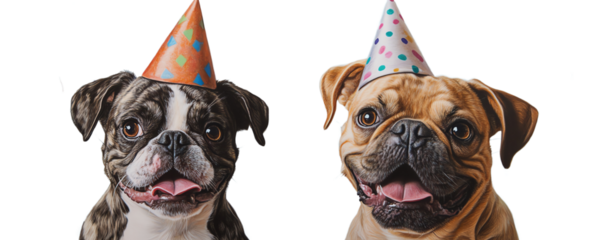 Two cheerful dogs in party hats, isolated
