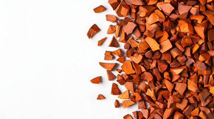 A pile of whole sandalwood chips in warm orange-brown hues scattered on a plain white background, highlighting their rustic charm and organic texture.