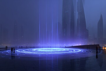 Light installation illuminates urban landscape at night under fog in futuristic city