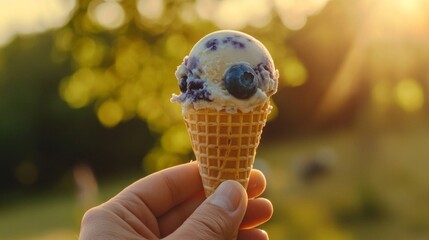 Hand Holding a Blueberry Ice Cream Cone in a Sunny Outdoor Setting