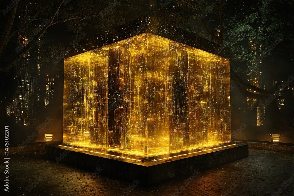 Poster illuminated golden cube structure in a dark forest setting at night showcasing unique design feature