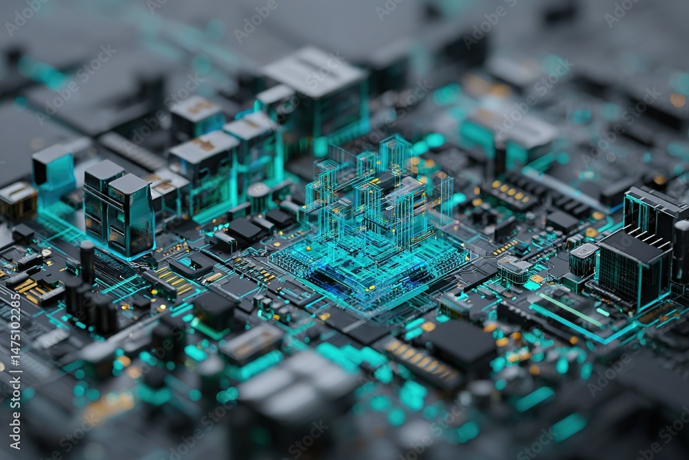 Poster advanced microchip technology displayed on a detailed circuit board with glowing elements in a futur
