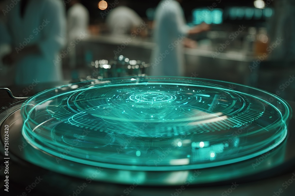 Aufkleber technological innovation in a lab showcasing a glowing holographic display with scientists engaged i