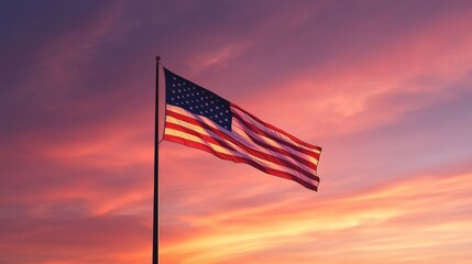 An American flag illuminated by a breathtaking sunset, evoking patriotism and reflection,
