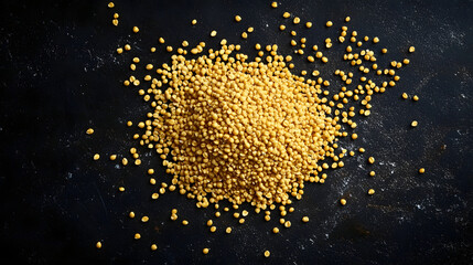 A pile of whole wheat grains in gold-yellow on a dark surface, their rough texture and healthy, fresh appearance showcased.