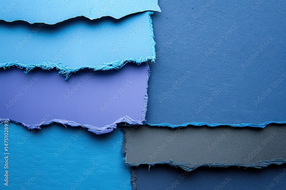 Poster torn textured paper layers in various shades of blue and purple arranged in a horizontal, overlappin