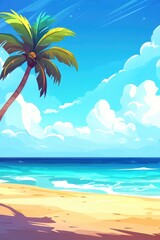 Obraz premium Cartoon Palm Tree on Tropical Beach with Ocean Waves and Blue Sky Summer Paradise Illustration