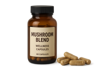 A brown bottle of mushroom blend wellness capsules, labeled with Mushroom Blend and containing 60 capsules. Concept Mushroom Blend Capsules, Wellness Supplements, 60 Count Bottle