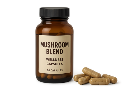 A brown bottle of mushroom blend wellness capsules, labeled with Mushroom Blend and containing 60 capsules. Concept Mushroom Blend Capsules, Wellness Supplements, 60 Count Bottle