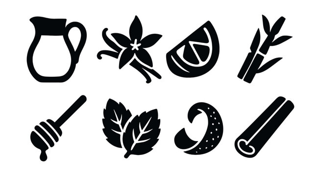 Yogurt ingredient icons set – silhouette, natural and food element symbols