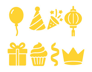 Yellow party icons set – silhouette, celebration and festive symbols collection