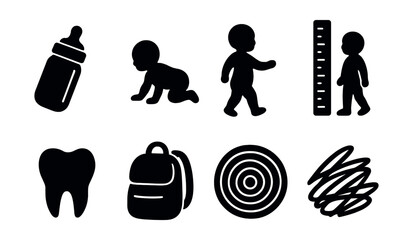 Childhood growth silhouette icons set – tracking, development and milestone symbols