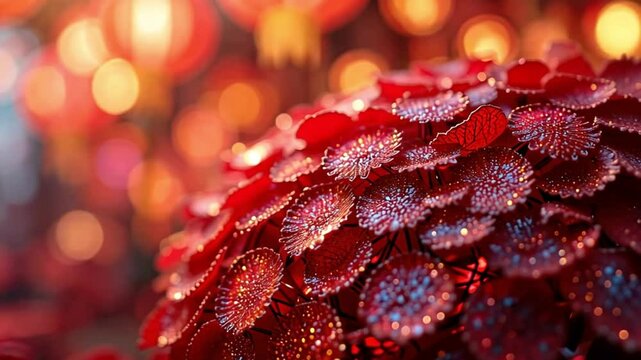 Close up of red flower petals and lanterns with bokeh effect in background, festive atmosphere