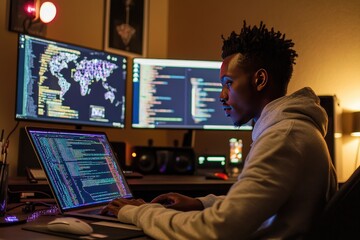 Focused programmer hunched over laptop at night, surrounded by multiple computer screens displaying code and a world map