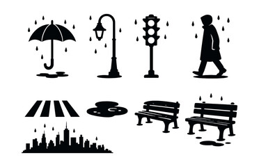 Naklejka premium Rainy city silhouettes icons set – silhouette, urban and weather design elements