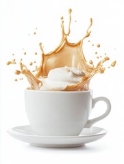 Coffee splash in white cup on saucer against white background studio shot drink beverage caffeine refreshment