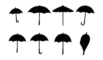 Umbrella types icons set – silhouette style, rain protection, parasol designs