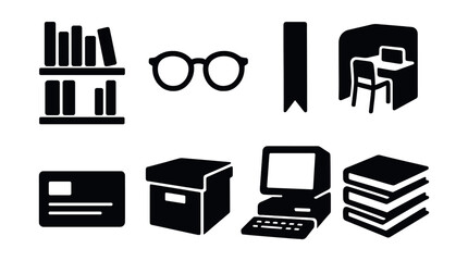 Library icons set – silhouette, book, and reading symbols for educational design