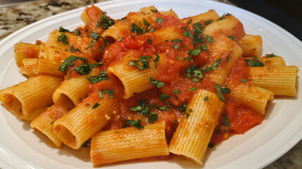 A plate of cooked rigatoni pasta with tomato sauce and herbs, elegantly arranged on a white dish with a rich golden hue to the pasta.