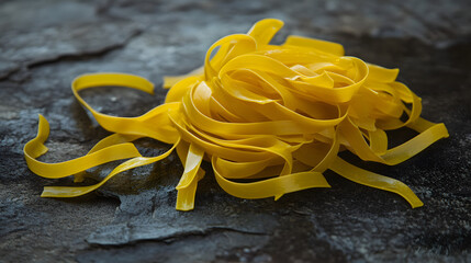 A pile of yellow tagliatelle nests, scattered haphazardly on a dark surface, their thin strands interwoven together.