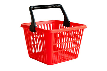 Fototapeta premium Empty red plastic shopping basket with black handles on white background