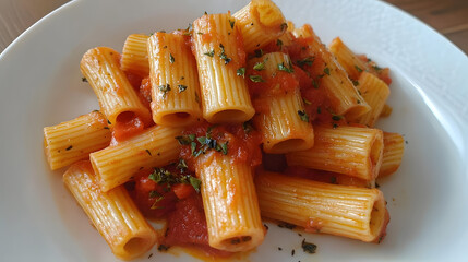 A plate of cooked rigatoni pasta with tomato sauce and herbs, elegantly arranged on a white dish with a rich golden hue to the pasta.