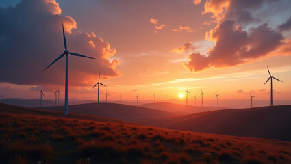 Obraz premium Wind turbines on a hill at sunset. The image features a beautiful sunset and multiple wind turbines generating clean energy.