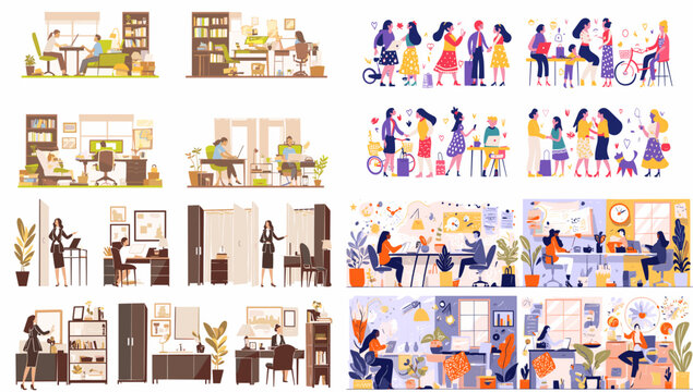 Office Scenarios Collection: A collection of detailed vector illustrations depicting various office settings, showcasing diverse activities, interactions.