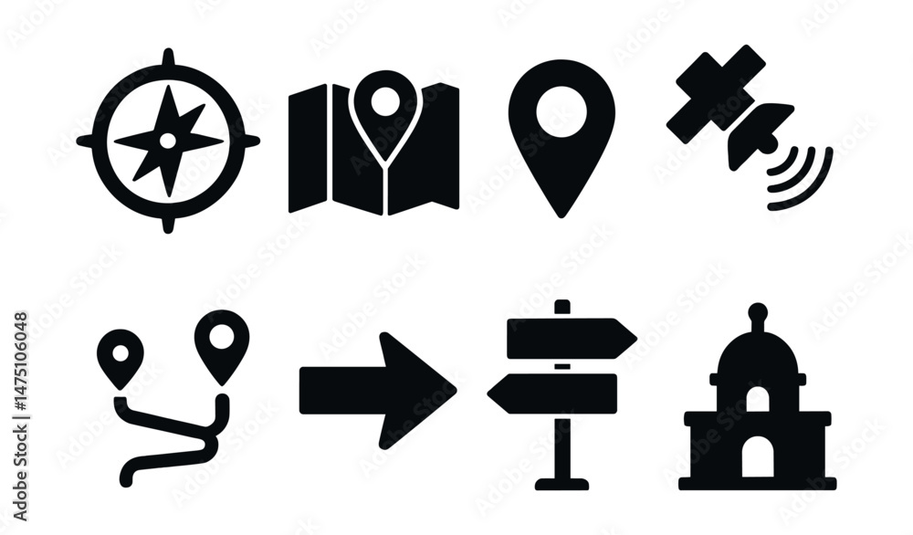 Poster navigation direction icons set – silhouette, maps, location and pathfinding symbols