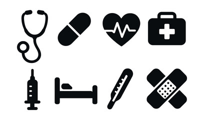Obraz premium Medical icon silhouettes set – simple health and hospital symbols