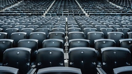 Naklejka premium Empty rows arranged black seats of outdoor tribune sport building stadium.