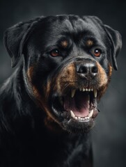 Fierce Rottweiler snarling with bared teeth and intense eyes