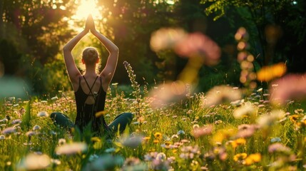 A woman doing yoga is sitting in a field of flowers at sunny day