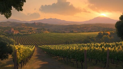 Naklejka premium Tuscan Vineyard Sunset: Golden Hour in Italy's Wine Country