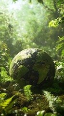 A verdant jungle envelops a weathered globe, symbolizing nature's embrace and environmental fragility