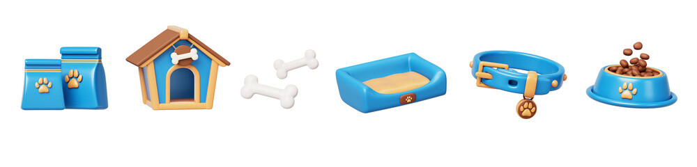 3d set of pet shop goods cartoon render icon. Food, accessories and toys with paw print for domestic animals. Dog house, bed, collar, feed bag, bowl, bone isolated on blue background
