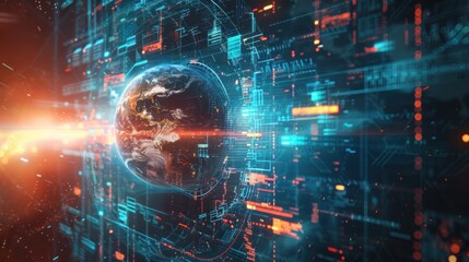 Abstract futuristic hi tech digital planet hologram and picture thumbnails background