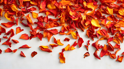 A vibrant arrangement of dried safflower petals in vivid orange-red, scattered across a white surface, capturing their rich textures and natural beauty.