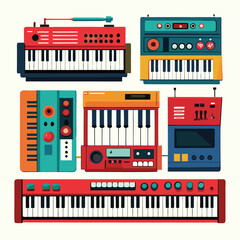 Six classic synth instrument on white background