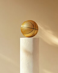 Golden basketball delicately balanced atop a minimalist, off-white pedestal against a muted beige backdrop