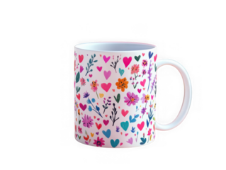 Ceramic mug with floral heart decoration on transparent background