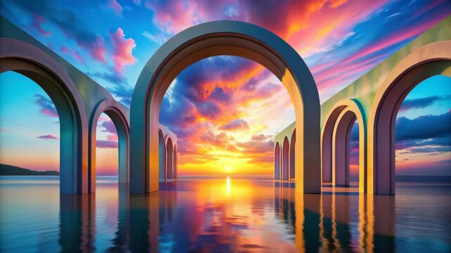 A surreal scene features grand arches over reflective water beneath a vibrant, colorful sunset sky.