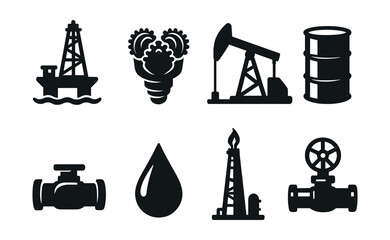 Oil extraction icons set – silhouette oilfield, drilling, and petroleum symbols