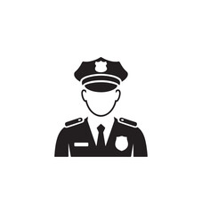 Police officer silhouette icon representing law enforcement, security, and public service. Black and white design for use in various law-related contexts.